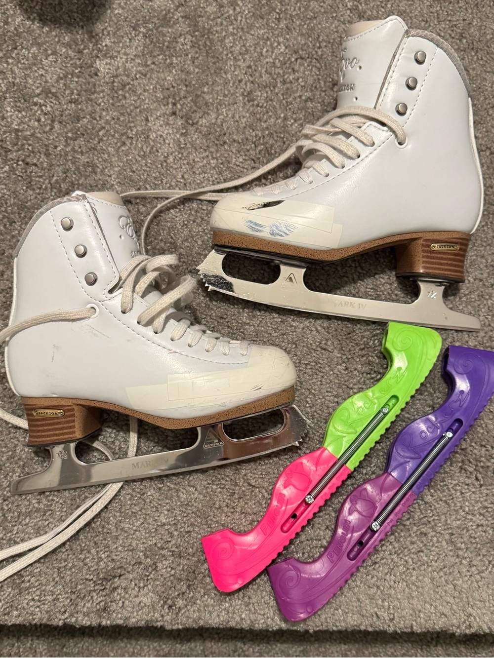 JACKSON White Kids Figure Ice Skates with Pink, Green & Purple Blade Guards